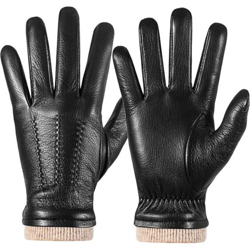 New Genuine Leather Black Gloves Knitted Cashmere Lined Touchscreen Finger Men